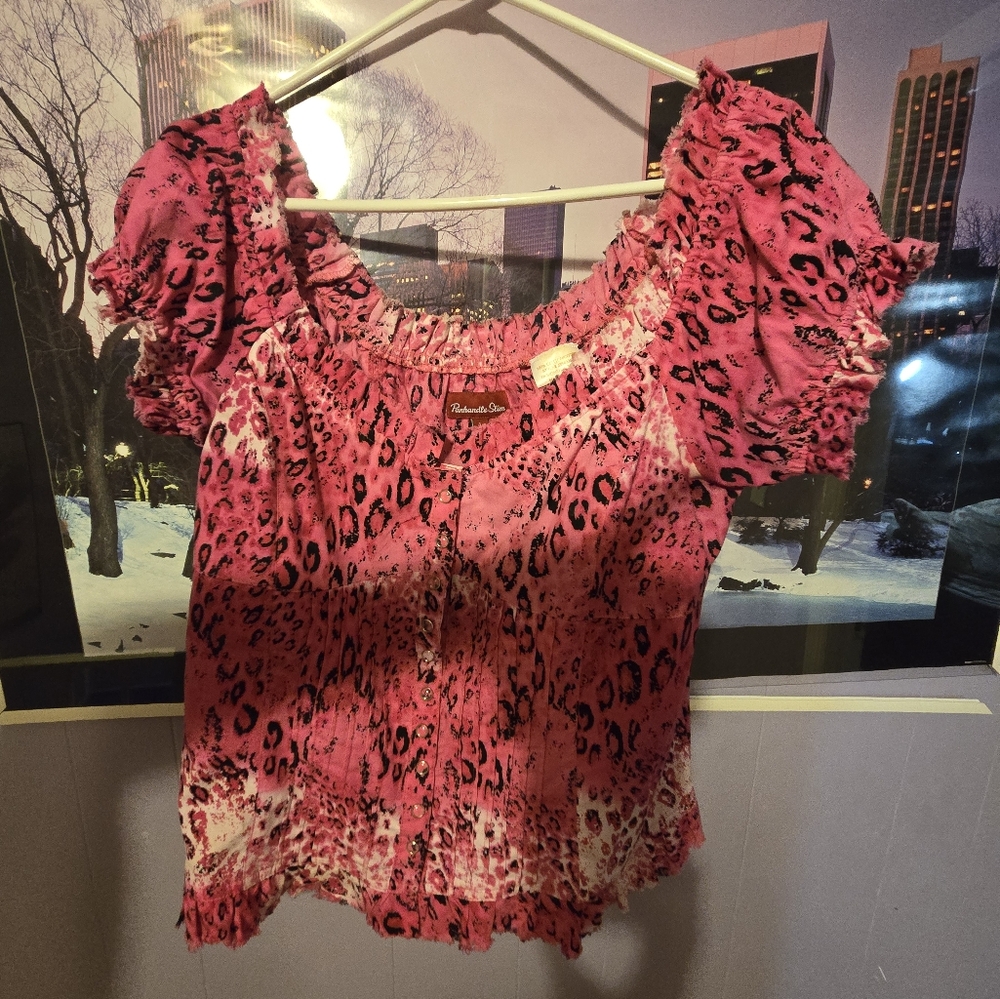Panhandle Leopard Lace up Back Snap Front Crop Top L